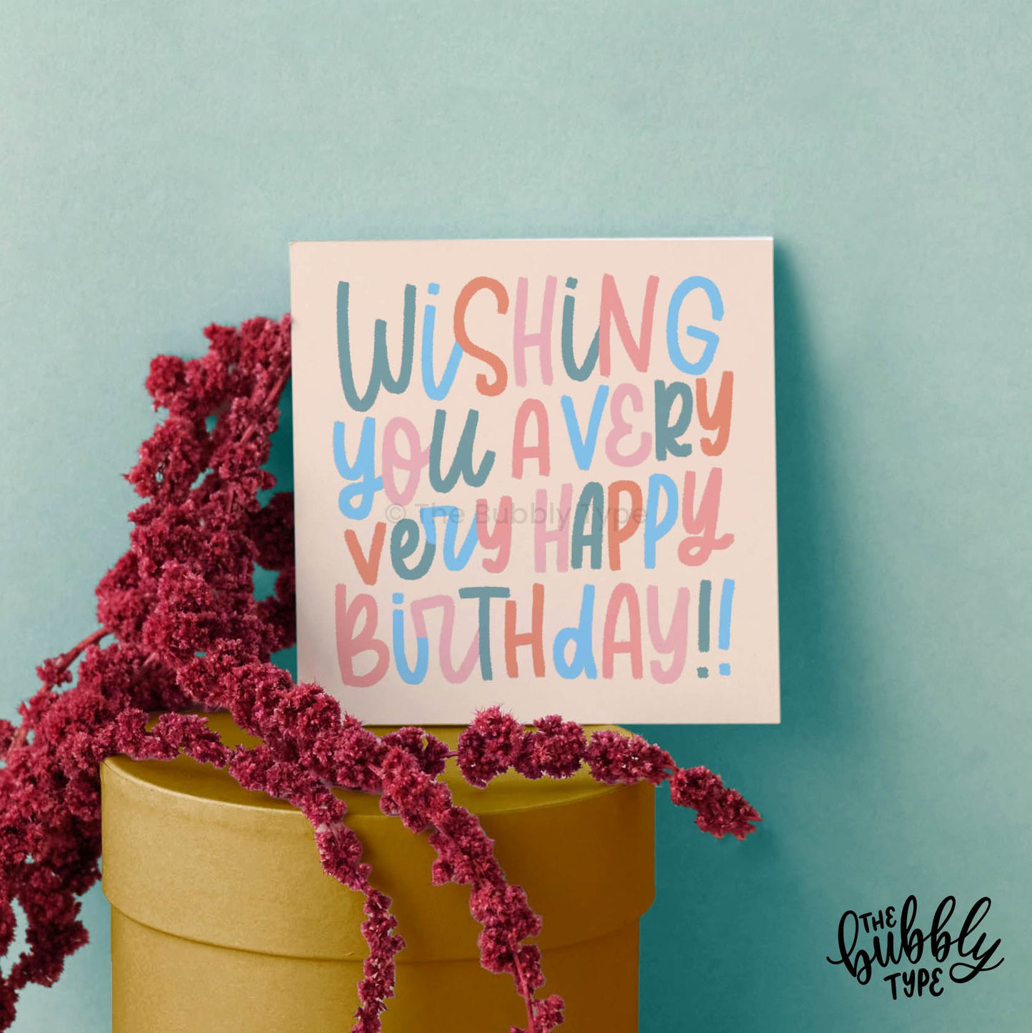 Send heartfelt birthday wishes with this Wishing You A Very Happy Birthday small square greeting card! Featuring a charming design, this handmade birthday card is perfect for celebrating someone special. Looking for greeting cards near me or greeting cards to order online? This Australian-made birthday card comes with an envelope and is available at The Bubbly Type. Shop online or visit craft markets in Melbourne, Sydney, Brisbane, Adelaide, and Perth!