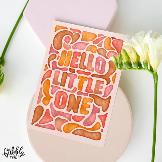 Australian made baby greeting cards. Hello Little One Boho Watercolour,  hand drawn design. Affordable baby cards for new mums.