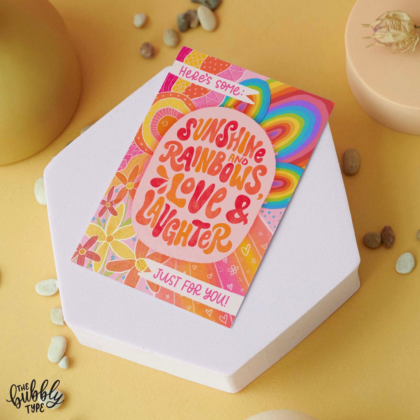 Sunshine rainbows love and laughter greeting card.Send a note of comfort and care that’s as thoughtful and eco-friendly as it is beautiful, designed to bring a smile during challenging times.