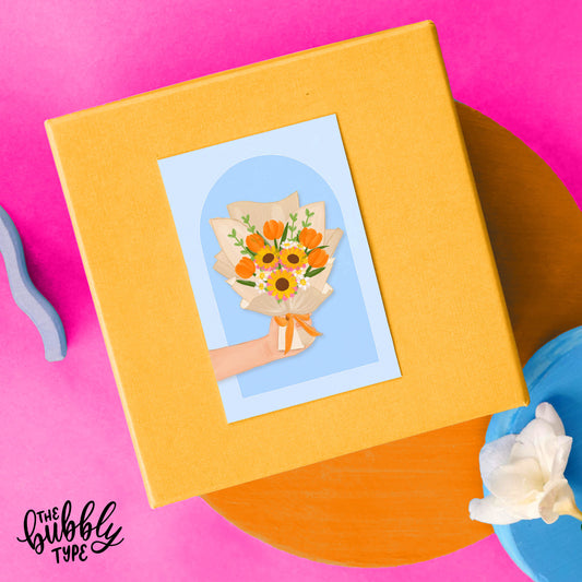 Orange floral bouquet of flowers illustrated in Australia. Aussie made art cards for everyday general greetings.