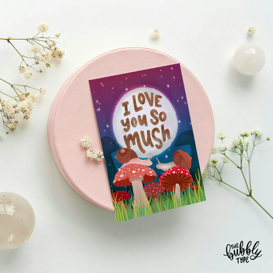 cute anniversary card for your love. I love you so mush greeting card. with drawing of snails kissing and mushrooms in watercolour style.