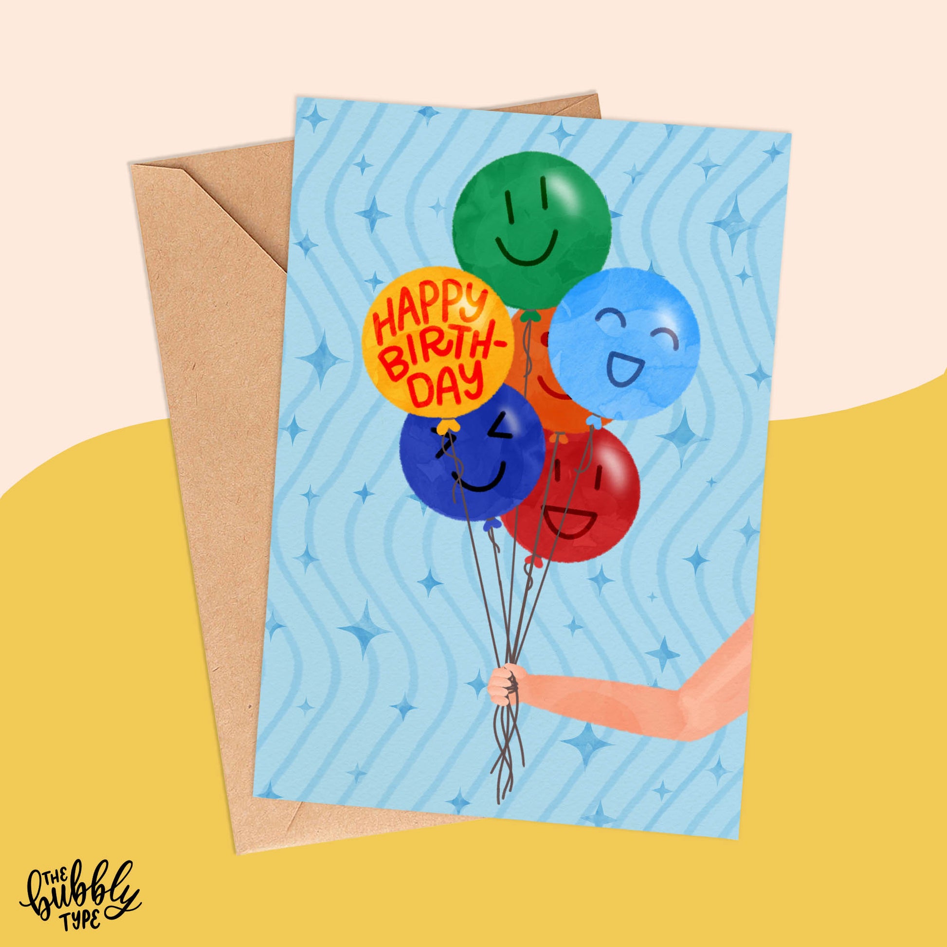 cute birthday card for boys. features an illustrated hand holding a bunch of balloons reading happy birthday. 