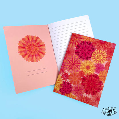 Floral Burst art note book, lined pages with flower pattern on the front cover. Made in Australia on 100% recycled papers.