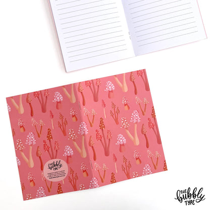 Handmade A5 notebook with mushrooms pattern cover, featuring original artwork by Nicole Jayne for The Bubbly Type, 32 lined pages on 120gsm premium uncoated paper, eco-friendly recycled matte finish, ideal for notes, journaling, and gifts.