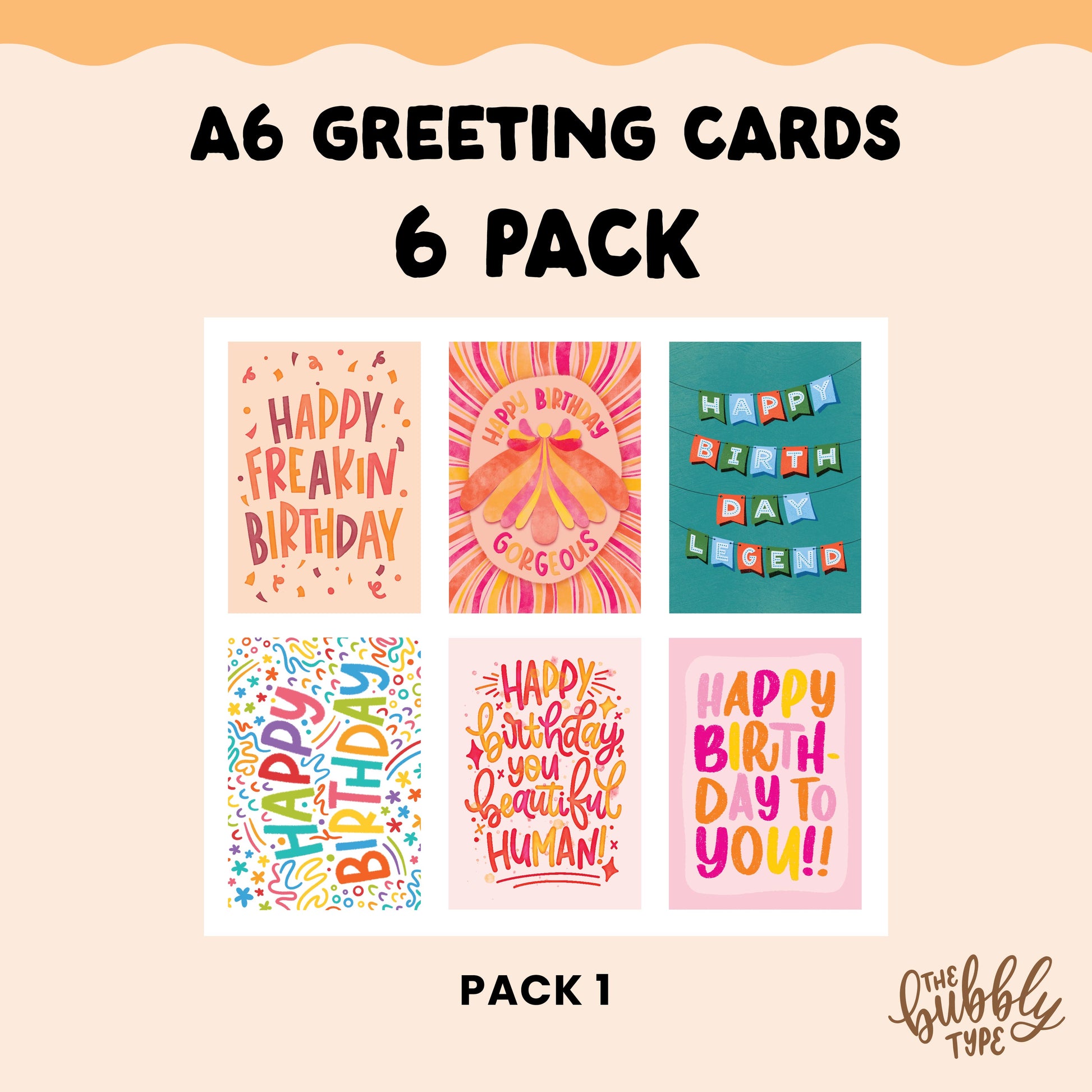 A pack of 6 A6 handmade birthday cards, each featuring a unique and colorful design by Nicole Jayne. This set includes a mix of bold lettering, watercolor illustrations, and playful patterns, such as confetti, butterflies, bunting flags, rainbow squiggles, and vibrant typography. Printed on 100% recycled paper, these eco-friendly greeting cards come with matching recycled kraft envelopes. Designed and made in Australia, this fun and stylish birthday card set is perfect for celebrating friends, family, more.