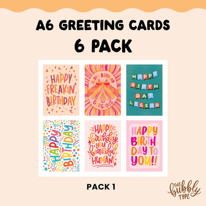 A pack of 6 A6 handmade birthday cards, each featuring a unique and colorful design by Nicole Jayne. This set includes a mix of bold lettering, watercolor illustrations, and playful patterns, such as confetti, butterflies, bunting flags, rainbow squiggles, and vibrant typography. Printed on 100% recycled paper, these eco-friendly greeting cards come with matching recycled kraft envelopes. Designed and made in Australia, this fun and stylish birthday card set is perfect for celebrating friends, family, more.