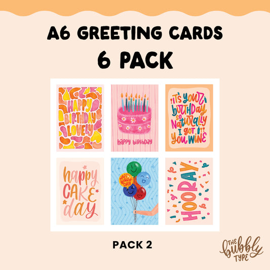 A pack of 6 A6 handmade birthday cards, each featuring a vibrant and unique design by Nicole Jayne. The set includes watercolour lettering and illustrations such as a pink cake, a hand holding balloons, and bold lettering with confetti. Other designs include wine-themed watercolour lettering and striking hand-lettered birthday messages in warm colours. These eco-friendly greeting cards are printed on 100% recycled paper and come with matching recycled kraft envelopes. Designed and made in Australia.