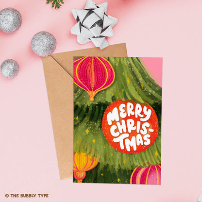 Australian made Christmas cards. Merry Christmas Tree Bauble, hand drawn design. Affordable Christmas gift card.