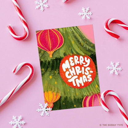 Australian made Christmas cards. Merry Christmas Tree Bauble, hand drawn design. Affordable Christmas gift card.