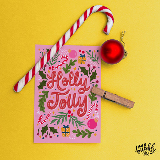 Holly Jolly Christmas Card, Best pink greeting cards made in Australia.