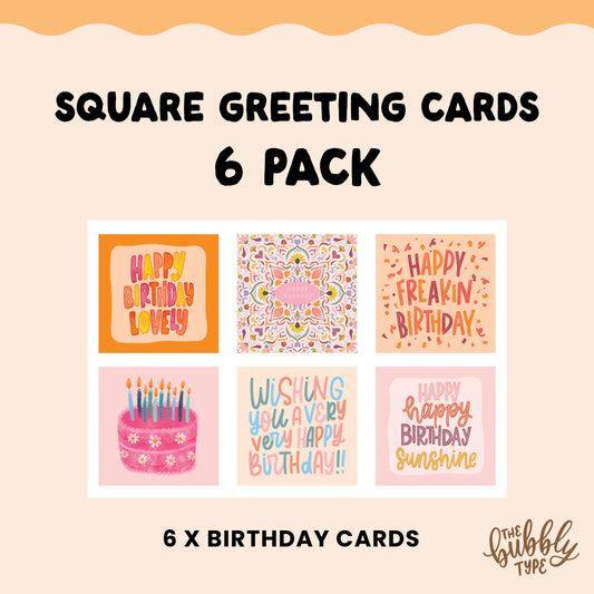 A pack of 6 handmade birthday cards, each featuring a unique, colourful design with playful watercolour lettering and illustrations. This small square greeting card set includes fun and vibrant messages like "Happy Birthday Lovely", "Happy Freakin’ Birthday", and "Happy Happy Birthday Sunshine", making it perfect for celebrating loved ones of all ages. Printed on 100% recycled paper, these eco-friendly birthday cards are designed and made in Australia by The Bubbly Type. Each card comes with an envelope.